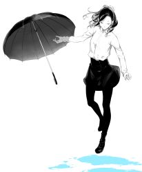 Rule 34 | 1girl, ankle boots, black footwear, black hair, black pantyhose, boots, closed eyes, full body, highres, long hair, long sleeves, monochrome, original, pantyhose, skirt, smile, solo, sousou (sousouworks), spot color, tossing, umbrella, water, white background