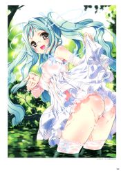 Rule 34 | 1girl, :d, absurdres, ass, bare shoulders, black eyes, clothes lift, dress, dress lift, glasses, green hair, highres, kamiya maneki, lace, lace-trimmed legwear, lace trim, leaning forward, long hair, looking at viewer, open mouth, original, panties, see-through, smile, solo, thighhighs, twintails, underwear, wet, wet clothes, white panties, white thighhighs