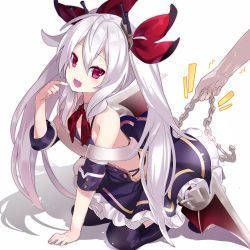 Rule 34 | 1girl, :d, anchor, arm support, azur lane, belt, black dress, black thighhighs, blush, chain, commentary request, detached sleeves, dress, fang, finger to mouth, full body, hair between eyes, hair ribbon, holding, kneeling, long hair, looking at viewer, low wings, nyori, open mouth, purple eyes, red ribbon, red wings, ribbon, sidelocks, silver hair, smile, solo, solo focus, thighhighs, twintails, vampire (azur lane), very long hair, white background, white belt, wings