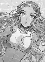 Rule 34 | 1girl, air bubble, armband, belly chain, breasts, bubble, commentary request, creatures (company), crop top, earrings, game freak, greyscale, hair spread out, highres, hoop earrings, jewelry, long hair, looking at viewer, medium breasts, midriff, monochrome, navel, nessa (pokemon), nintendo, nokataro, parted lips, partially submerged, pokemon, pokemon swsh, sketch, solo, water, wavy hair