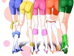 Rule 34 | 10s, 5girls, aoki reika, ass, ass focus, bike shorts, boots, cure beauty, cure happy, cure march, cure peace, cure sunny, female focus, green shorts, high heels, hino akane (smile precure!), hoshizora miyuki, iromayutaka, kise yayoi, knee boots, legs, midorikawa nao, multiple girls, orange shorts, pink shorts, precure, shoes, shorts, skin tight, smile precure!, thighhighs, transparent background, yellow shorts