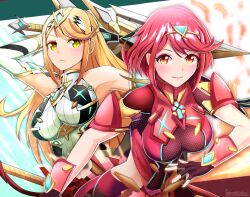 Rule 34 | 2girls, aegis sword (xenoblade), backless outfit, bare shoulders, blonde hair, bob cut, breasts, chest jewel, elbow gloves, fingerless gloves, gloves, large breasts, pantyhose under shorts, long hair, micro shorts, microskirt, miniskirt, multiple girls, mythra (massive melee) (xenoblade), mythra (xenoblade), nintendo, pantyhose, pantyhose under shorts, pyra (xenoblade), red eyes, red hair, red shorts, short hair, short shorts, short sleeves, shorts, skirt, sleeveless, super smash bros., swept bangs, tiara, torinosukei, upper body, very long hair, white skirt, xenoblade chronicles (series), xenoblade chronicles 2, yellow eyes