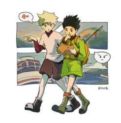 Rule 34 | 2boys, backpack, bag, black footwear, black hair, blue eyes, blush, boat, boots, brown shorts, chinese commentary, commentary request, gon freecss, green footwear, green jacket, green shorts, highres, hunter x hunter, jacket, killua zoldyck, layered sleeves, long sleeves, male focus, mountain, multiple boys, ocean, open mouth, red eyes, red shirt, shao ziye, shirt, short over long sleeves, short sleeves, shorts, simple background, spiked hair, spoken symbol, twitter username, undershirt, watercraft, white background, white hair, white shirt