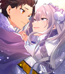 1boy 1girl alternate_costume cloak dress elf emilia_(re:zero) fur_trim hair_ornament highres holding_hands jacket long_hair natsuki_subaru pointy_ears purple_cloak purple_eyes re:zero_kara_hajimeru_isekai_seikatsu shishamo_(shisyamo) short_hair silver_hair very_long_hair white_dress white_jacket yellow_eyes