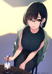 Rule 34 | absurdres, black hair, blunt bangs, bob cut, breasts, coaster, drink, drinking straw, earrings, glass, glasses, highres, jacket, jacket on shoulders, jewelry, kagematsuri, large breasts, light smile, lips, mole, nail polish, original, pants, purple eyes, short hair, sitting, sleeveless, solo, sweater, table, wooden table