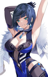 Rule 34 | 1girl, armpits, arms behind head, arms up, asymmetrical gloves, bare shoulders, black hair, black pants, blue dress, blue hair, blush, bob cut, breasts, cleavage, cleavage cutout, clothing cutout, diagonal bangs, dice, dress, earrings, fur-trimmed jacket, fur trim, genshin impact, gloves, green eyes, grin, harimoji, highres, jacket, jacket on shoulders, jewelry, large breasts, long sleeves, looking at viewer, mismatched gloves, mole, mole on breast, multicolored hair, neck ring, pants, pelvic curtain, short hair, smile, solo, tassel, tight clothes, tight pants, two-tone hair, white jacket, yelan (genshin impact)