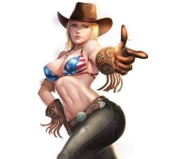 Rule 34 | 1girl, blonde hair, blue eyes, breasts, cleavage, cowboy hat, dead or alive, denim, gloves, hat, jeans, large breasts, official art, pants, solo, tecmo, tina armstrong