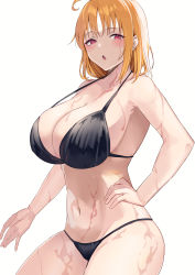 Rule 34 | 1girl, :o, absurdres, bare arms, bare shoulders, bikini, black bikini, blonde hair, blush, breasts, cleavage, commentary request, from side, hand on own hip, highres, large breasts, looking at viewer, looking to the side, love live!, love live! sunshine!!, medium hair, namazu (yamasonson), pink eyes, simple background, solo, swimsuit, takami chika, wet, white background