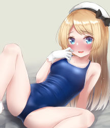 Rule 34 | 1girl, alternate costume, bare arms, bare legs, bare shoulders, blonde hair, blue eyes, blue one-piece swimsuit, blush, breasts, collarbone, commentary request, gloves, hat, hat ribbon, jervis (kancolle), kantai collection, long hair, looking at viewer, one-piece swimsuit, open mouth, ribbon, sailor hat, sasakura (calicchio), sitting, small breasts, smile, solo, spread legs, swimsuit, white gloves, white hat