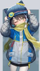Rule 34 | 1girl, beanie, black hair, blue background, blue hat, commentary request, dated commentary, grey background, hands on headwear, hat, highres, jacket, long sleeves, mitake eil, multicolored hair, one eye closed, original, pantyhose, scarf, short hair, solo, streaked hair, two-tone background, white hair, white pantyhose, yellow eyes, yellow scarf