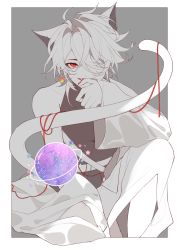 Rule 34 | 1boy, absurdres, ahoge, alef (sky: children of the light), antenna hair, bare shoulders, belt, bishounen, cat boy, cat girl, cat tail, earrings, fang, fang out, floating, galaxy, globe, grey hair, hair over one eye, highres, jewelry, jiusuidebaize, long sleeves, looking at viewer, male focus, nail polish, open mouth, red eyes, red nails, short hair, single sleeve, sitting, sky: children of the light, solo, spiked hair, string, string of fate, tail, white hair