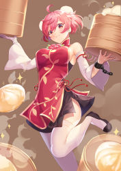 Rule 34 | 1girl, ahoge, amano hagoromo, bare shoulders, blush, bun cover, detached sleeves, double bun, foot out of frame, gold trim, hair bun, highres, ibaraki kasen, looking at viewer, pink eyes, pink hair, simple background, solo, sparkle, standing, standing on one leg, tabard, thighhighs, touhou, white thighhighs