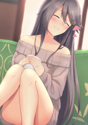 Rule 34 | 1girl, akahi242, alternate costume, bare shoulders, blush, brown eyes, brown sweater, convenient leg, couch, cup, feet out of frame, grey hair, hair ornament, hairclip, haruna (kancolle), highres, holding, holding cup, jewelry, kantai collection, long hair, off-shoulder sweater, off shoulder, ring, sitting, smile, solo, sweater, wedding band