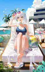 Rule 34 | 1boy, 2023, 2girls, absurdres, ahoge, arm up, ball, beach umbrella, bird, blue eyes, blue nails, blue one-piece swimsuit, blue sky, blurry, blurry background, bracelet, breasts, chair, character name, character request, chinese commentary, cloud, collar, copyright request, creature, cup, day, drinking straw, film grain, fingernails, full body, green collar, green ribbon, hair bobbles, hair ornament, hair ribbon, heart, heart ahoge, heart in eye, highres, holding, holding removed eyewear, holding surfboard, jewelry, large breasts, light blush, long hair, looking at viewer, lounge chair, multiple girls, nail polish, one-piece swimsuit, open mouth, outdoors, palm tree, pink nails, plant, pool, ribbon, sidelocks, single barefoot, sitting, sky, smile, solo focus, sunglasses, surfboard, swimsuit, symbol in eye, ta03545, teeth, toenail polish, toenails, tree, twintails, umbrella, unworn eyewear, upper teeth only, very long hair, virtual youtuber, water, white bird, white footwear, white hair