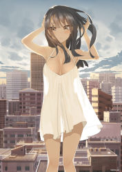 Rule 34 | 1girl, armpits, arms behind head, arms up, bare shoulders, black hair, blush, breasts, brown eyes, building, city, city lights, cityscape, cleavage, cloud, collarbone, commentary request, dress, large breasts, long hair, looking at viewer, original, outdoors, scenery, see-through, see-through silhouette, sky, skyscraper, solo, standing, throtem, white dress