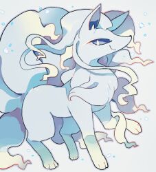 Rule 34 | akadako, alolan form, alolan ninetales, animal focus, bags under eyes, blue eyes, blue hair, blue theme, bright pupils, closed mouth, creatures (company), full body, game freak, gen 7 pokemon, grey background, grey outline, happy, long hair, multiple tails, neck fur, nintendo, no humans, one-hour drawing challenge, pokemon, pokemon (creature), simple background, smile, solo, standing, tail, white pupils