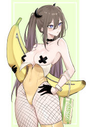 Rule 34 | 1girl, alternate costume, atelier live, breasts, brown hair, cleavage, covered erect nipples, cross pasties, expulse, fishnets, hand on own hip, highres, holding, holding stuffed toy, leotard, looking to the side, medium breasts, nanatsuki nana, pantyhose, pasties, purple eyes, solo, stuffed banana, stuffed toy, twintails, virtual youtuber, wide hips