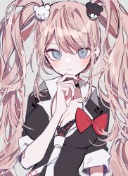 Rule 34 | 1girl, 3j dangan, bear hair ornament, black bra, black shirt, blonde hair, blue eyes, bow, shirt bow, bra, breasts, cleavage, collarbone, commentary request, danganronpa: trigger happy havoc, danganronpa (series), enoshima junko, fingernails, grey background, hair ornament, hand on own chin, hand up, highres, large breasts, long hair, nail polish, necktie, red bow, red nails, shirt, shirt bow, short sleeves, simple background, twintails, underwear, upper body, white necktie