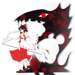 Rule 34 | blood, blood splatter, gohei, hakurei reimu, japanese clothes, miko, monster, red eyes, shadow, silhouette, solo, tk31, touhou, wily beast and weakest creature