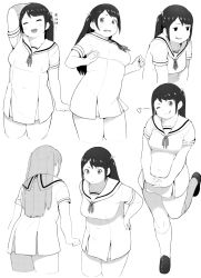 Rule 34 | 1girl, :d, :q, ;q, ^ ^, accio, arm behind head, bad id, bad tumblr id, black hair, breasts, closed eyes, dress, closed eyes, greyscale, heart, highres, laughing, medium breasts, monochrome, multiple views, one eye closed, open mouth, original, plump, shoes, simple background, smile, socks, tanuma miyuki, text focus, tongue, tongue out