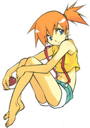Rule 34 | 1girl, aqua eyes, artist request, barefoot, creatures (company), crop top, full body, game freak, holding, holding poke ball, looking away, lowres, midriff, misty (pokemon), navel, nintendo, orange hair, poke ball, pokemon, pokemon (anime), pokemon (classic anime), shorts, side ponytail, simple background, sitting, solo, suspenders, white background
