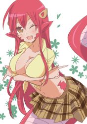 Rule 34 | 10s, 1girl, :d, bad id, bad pixiv id, blush, breasts, brown eyes, cleavage, cowboy shot, crossed arms, fang, heart, lamia, long hair, looking at viewer, miia (monster musume), momi (momishidaku), monster girl, monster musume no iru nichijou, navel, one eye closed, open mouth, pointy ears, red hair, scales, shirt, slit pupils, smile, solo, tied shirt, very long hair