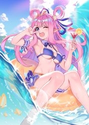 Rule 34 | absurdres, arm cuffs, bikini, blue bikini, blunt bangs, blush, bow, bow bikini, breasts, cloud, cloudy sky, collarbone, commentary request, cup, detached collar, double bun, elf, fish, floating, hair bun, hair ornament, hair ribbon, hair rings, hand up, hatsune (princess connect!), highres, holding, holding cup, innertube, lens flare, light particles, lim jaejin, long hair, looking at viewer, medium breasts, navel, ocean, one eye closed, open mouth, pink hair, pointy ears, princess connect!, purple eyes, ribbon, sky, smile, star-shaped eyewear, star (symbol), star hair ornament, striped bikini, striped clothes, summer, sunglasses, swim ring, swimsuit, thigh strap, tropical drink, v, waves