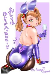 Rule 34 | 1girl, absurdres, amanoja9, animal ears, ass, back, backless outfit, bare shoulders, blush, breasts, brown eyes, brown hair, cup, drinking glass, earrings, elbow gloves, fake animal ears, from behind, gloves, gundam, gundam build fighters, gundam build fighters try, hair ornament, high heels, highres, jewelry, large breasts, leotard, long hair, looking at viewer, looking back, pantyhose, playboy bunny, rabbit ears, rabbit tail, sazaki kaoruko, shiny clothes, shiny skin, sideboob, solo, tail, translated, twintails, wine glass