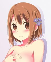 Rule 34 | 10s, 1girl, blush, body blush, breasts, brown eyes, brown hair, collarbone, covering privates, covering chest, dot nose, eyebrows, eyelashes, fingernails, flower, hair flower, hair ornament, hanawa kaoru, hand on own chest, highres, lips, looking at viewer, medium breasts, nude, orancio muwi, portrait, purple background, shadow, shiny skin, short hair, simple background, smile, solo, tamayura, tareme