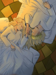 Rule 34 | 1boy, 1girl, blonde hair, breasts, commentary request, dungeon meshi, elf, fujio chika, futon, hair down, holding hands, laios touden, long hair, lying, marcille donato, on back, pajamas, pointy ears, sleeping, small breasts, wide-eyed, yellow eyes
