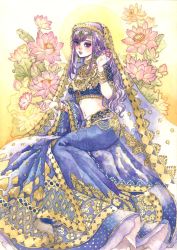 Rule 34 | 1girl, blue eyes, bracelet, choker, commentary, earrings, english commentary, fate/grand order, fate (series), flower, gold, headdress, highres, holding, holding flower, holding hair, indian clothes, jewelry, long hair, matou sakura, navel, necklace, painting (medium), parvati (fate), pink flower, purple hair, sakizou, smile, solo, traditional media, veil, watercolor (medium)