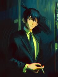 Rule 34 | 1boy, absurdres, averting eyes, black eyes, black hair, black jacket, black necktie, chainsaw man, cigarette, closed mouth, collared shirt, different shadow, earrings, expressionless, formal, hair between eyes, hayakawa aki, highres, holding, holding cigarette, jacket, jewelry, kozzz y, male focus, necktie, shirt, single earring, solo, stud earrings, suit, suit jacket, topknot, upper body, yellow shirt