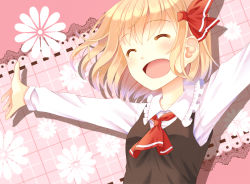 Rule 34 | 1girl, ascot, blonde hair, blush, closed eyes, floral background, floral print, flower, hair ribbon, happy, hazakura satsuki, lace, long sleeves, open mouth, outstretched arms, pink background, ribbon, rumia, shirt, short hair, smile, solo, touhou, white shirt