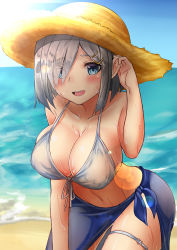 Rule 34 | 10s, 1girl, beach, bikini, blush, breasts, cleavage, collarbone, day, eyes visible through hair, hair ornament, hair over one eye, tucking hair, hamakaze (kancolle), kantai collection, large breasts, leaning forward, looking at viewer, navel, open mouth, pantyhose, sarong, short hair, silver hair, sin (kami148), smile, solo, swimsuit, thigh strap
