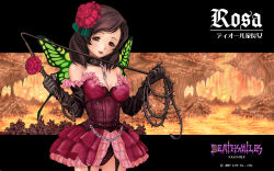 Rule 34 | 1girl, brown hair, butterfly wings, cave (developer), chain, collar, deathsmiles, flower, goth fashion, green wings, highres, insect wings, panties, red eyes, rosa (deathsmiles), rose, solo, thighhighs, underwear, wallpaper, whip, wings