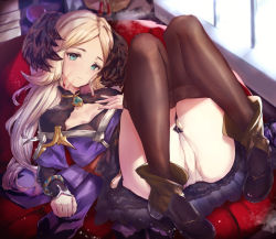 Rule 34 | 1girl, aqua eyes, black skirt, black thighhighs, blonde hair, blood, blood on face, blue dress, breasts, cleavage cutout, clothing cutout, dress, granblue fantasy, highres, jewelry, knees together feet apart, legs, long hair, looking at viewer, mathiamo13, mireille (granblue fantasy), panties, parted bangs, pendant, skirt, small breasts, thighhighs, underwear, white panties
