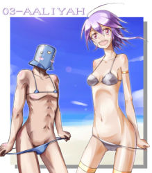 Rule 34 | 1boy, 1girl, armored core, armored core 4, armored core last raven, bikini, breasts, cloud, from software, jack-o, navel, outdoors, sky, standing, swimsuit