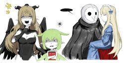 1boy 3girls absurdres asdf1211950 baphomet_(black_souls) black_cape black_eyes black_horns black_leotard black_souls black_souls_2 blonde_hair blue_dress breasts cape cleavage closed_eyes covered_navel disgust doll_alice_(black_souls) dress fairy_wings father_and_daughter green_hair hairband highres horns juliet_sleeves large_breasts leaf_(black_souls) leotard lolita_fashion lolita_hairband long_hair long_sleeves lorde_(black_souls) mother_and_daughter multiple_girls open_mouth pointy_ears puffy_sleeves shaded_face short_hair sidelocks simple_background smile very_long_hair white_background wings