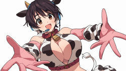 Rule 34 | 1girl, :d, animal collar, animal ears, animal print, asada hachi, banned artist, bare shoulders, bell, bikini, blush, breasts, brown eyes, brown hair, cleavage, collar, commentary request, cow ears, cow horns, cow print, cow tail, cowbell, detached sleeves, fake animal ears, fake horns, fake tail, gloves, headset, highres, horns, idolmaster, idolmaster cinderella girls, incoming hug, large breasts, long sleeves, looking at viewer, neck bell, oikawa shizuku, open mouth, outstretched arms, pink gloves, print bikini, reaching, reaching towards viewer, red collar, simple background, smile, solo, swimsuit, tail, twitter username, upper body, watermark, white background