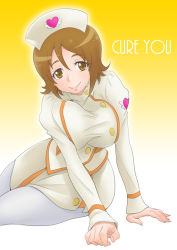 Rule 34 | 10s, 1girl, breasts, brown eyes, brown hair, eunos, gradient background, happinesscharge precure!, hat, large breasts, looking at viewer, nurse, nurse cap, oomori yuuko, pantyhose, precure, short hair, sitting, skirt, smile, solo, white background, white pantyhose, yellow background