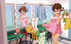 Rule 34 | 1girl, absurdres, akizuki ritsuko, annindoufu (oicon), antenna hair, blush, boots, braid, brown eyes, brown hair, chair, clothes, clothes hanger, clothes lift, different reflection, dress, dress lift, dressing room, artistic error, feet out of frame, glasses, hair brush, highres, idolmaster, idolmaster (classic), indoors, looking over eyewear, mirror, official art, pants, pink dress, reflection, shirt, short dress, short hair, solo, thighhighs, twin braids, twintails, wrong reflection, yellow dress