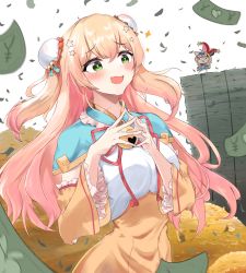 Rule 34 | 2girls, absurdres, animal ear fluff, animal ears, bell, blonde hair, blush, breasts, chibi, coin, detached sleeves, elphe, floating, floating hair, fox ears, fox girl, gradient hair, hat, highres, hololive, jester cap, long hair, medium breasts, momosuzu nene, money, money-shaped pupils, multicolored hair, multiple girls, omaru polka, omaru polka (1st costume), open mouth, own hands together, pink hair, solo focus, symbol-shaped pupils, two side up, virtual youtuber, yen sign