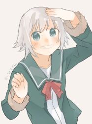 Rule 34 | 1girl, bow, bowtie, commentary request, fur-trimmed sleeves, fur trim, green eyes, green jacket, green sailor collar, grey hair, grin, jacket, kantai collection, one-hour drawing challenge, red bow, red bowtie, sailor collar, school uniform, serafuku, shading eyes, shimushu (kancolle), simple background, smile, solo, suppaman (rfjy), upper body, white background