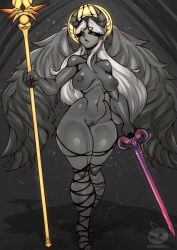 Rule 34 | 1girl, breasts, dark-skinned female, dark skin, ehidney, fear &amp; hunger 2: termina, feathered wings, halo, highres, horns, large breasts, nude, polearm, red eyes, spear, sword, the heartless one, weapon, white hair, wings