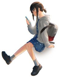 Rule 34 | 1girl, alternate costume, anchor symbol, backpack, bag, black eyes, black footwear, black hair, blue dress, cellphone, dress, ergot, fubuki (kancolle), full body, highres, hood, hooded jacket, hoodie, invisible chair, jacket, kantai collection, lace-up shoes, looking at phone, low ponytail, phone, polka dot, polka dot dress, ponytail, short ponytail, sidelocks, simple background, sitting, socks, solo, white background, white jacket, white socks