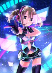 Rule 34 | 1girl, bare shoulders, black gloves, black shorts, black thighhighs, breasts, brown eyes, brown hair, closed mouth, cowboy shot, dot nose, front slit, glint, gloves, hands up, headset, idolmaster, idolmaster cinderella girls, idolmaster cinderella girls starlight stage, imai kana, jamu, looking at viewer, medium breasts, midriff peek, multicolored background, navel, pointing, pointing at viewer, shirt, short hair, short shorts, shorts, sleeveless, sleeveless shirt, smile, solo, standing, thighhighs, twintails, two-tone shirt