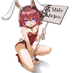 Rule 34 | 1girl, animal ears, bare legs, bare shoulders, blue eyes, blush, breasts, rabbit ears, rabbit tail, playboy bunny, cleavage, closers, collar, fake animal ears, holding, holding sign, lhu (barappra1), on one knee, open mouth, pink hair, seulbi lee, short hair, side ponytail, sign, small breasts, solo, sweatdrop, tail, wrist cuffs