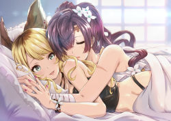 Rule 34 | 2girls, animal ears, bandaged arm, bandages, bed, bed sheet, blonde hair, bracelet, brown eyes, closed eyes, commentary request, ear piercing, erune, flower, granblue fantasy, hair flower, hair ornament, jewelry, light, lips, lipstick, long hair, looking back, makeup, mari (granblue fantasy), meg (granblue fantasy), midorinocha, multiple girls, nail polish, open mouth, piercing, pillow, ponytail, scar, scar across eye, scar on arm, scar on face, sleeping, sleeping on person, smile, window, yellow eyes, yuri