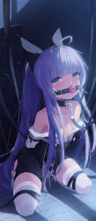 Rule 34 | 1girl, absurdres, azur lane, ball gag, bare shoulders, bdsm, black ribbon, blue eyes, blue hair, blush, breasts, cleft of venus, collar, crying, crying with eyes open, drooling, full body, gag, hair ribbon, highres, kneeling, long hair, no panties, off shoulder, official alternate costume, ponytail, pussy, ribbon, saliva, shorts, sidelocks, small breasts, solo, suspender shorts, suspenders, sweat, tashkent (azur lane), tashkent (the bound cruiser) (azur lane), tears, thighhighs, torn clothes, very long hair, white thighhighs, wiffle gag, xiaoxiao de hongye