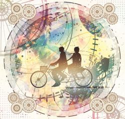 Rule 34 | 1boy, 1girl, abstract, abstract background, bicycle, bicycle basket, from side, gears, harada miyuki, leaf, long hair, plant, profile, riding, shadow, short hair, silhouette, skirt, wheel